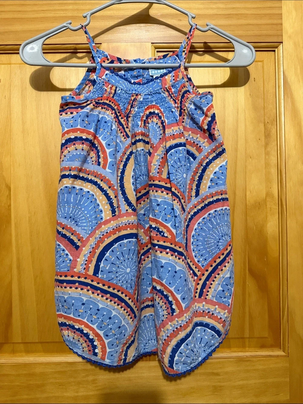 Old Navy Blue Multicolor Arc-Print Sundress with Smocking & Brick Brack Trim, 4T